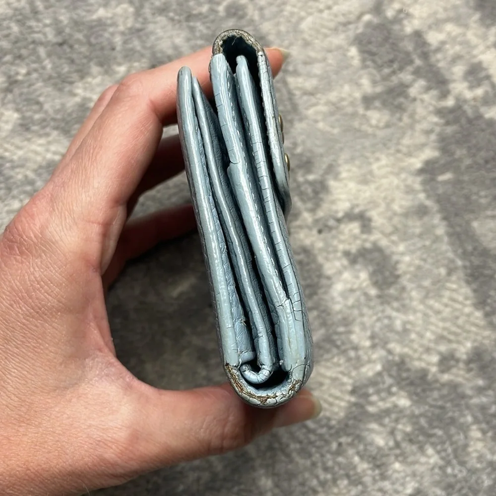 Celine Studded Pebbled Leather Compact Wallet Powder Blue Extra Card Holders